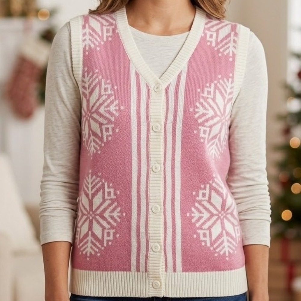My Christmas Party Sweater Vest Pullover Pink White Snowflake Button Front Small